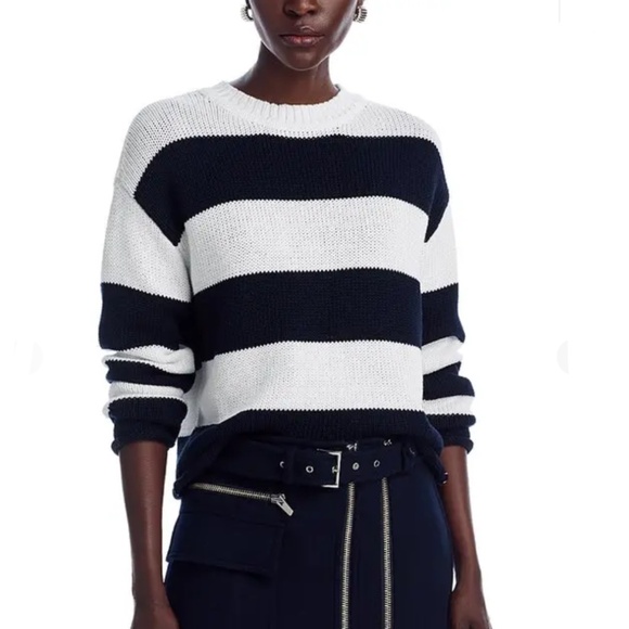 AQUA Drop Shoulder Cotton Striped Sweater – White/Black, Small - Picture 2 of 8